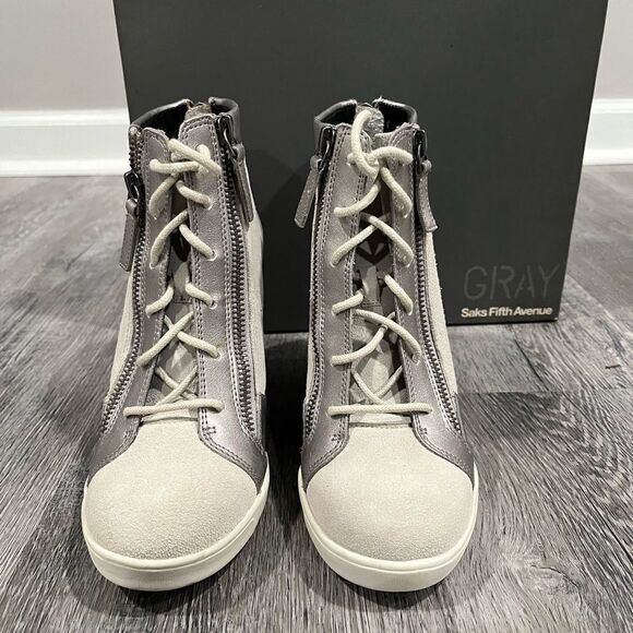 Gray for Saks Fifth Avenue Suede Leather Metallic Lace Up Wedge Booties sz 6.5 - Picture 2 of 15